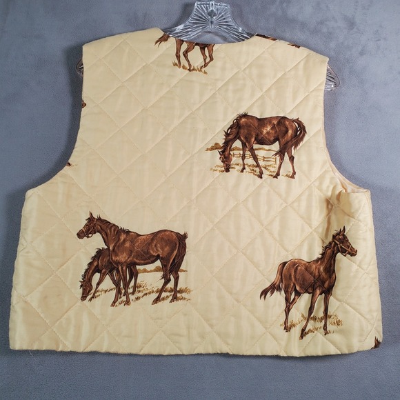 VTG Susan Bristol Vest Womens L Petite Yellow Horse Print Quilted Equestrian - Picture 2 of 8